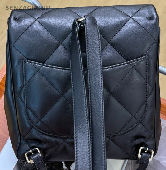 Chanel ADO Diamond Pattern Backpack Black Gold Used Women Classic Designer