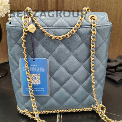 Chanel Blue Gold Camellia Quilted Chain Shoulder Backpack Classic Fashion
