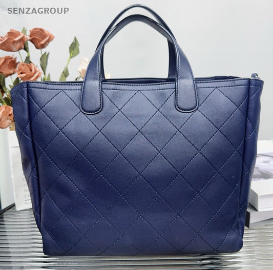 Chanel Calfskin Tote Handbag Chain Shoulder Bag Blue Silver Women Classic