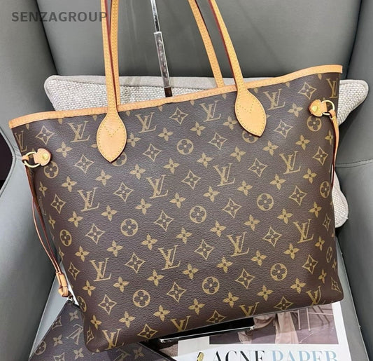 Louis Vuitton Neverfull MM Monogram Tote Shoulder Bag Brown Gold Women Classic