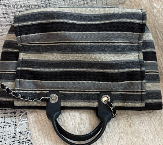 Chanel Tote Striped Bag Chain Shoulder Bag Black Silver Used Women Classic