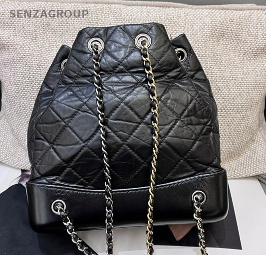 Chanel Gabrielle Diamond Chain Backpack Black Gold Silver Used Women Classic