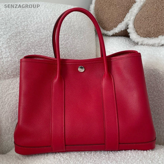 Hermes Garden Party30 Top Handle Bag Red Silver Used Women Classic Fashion