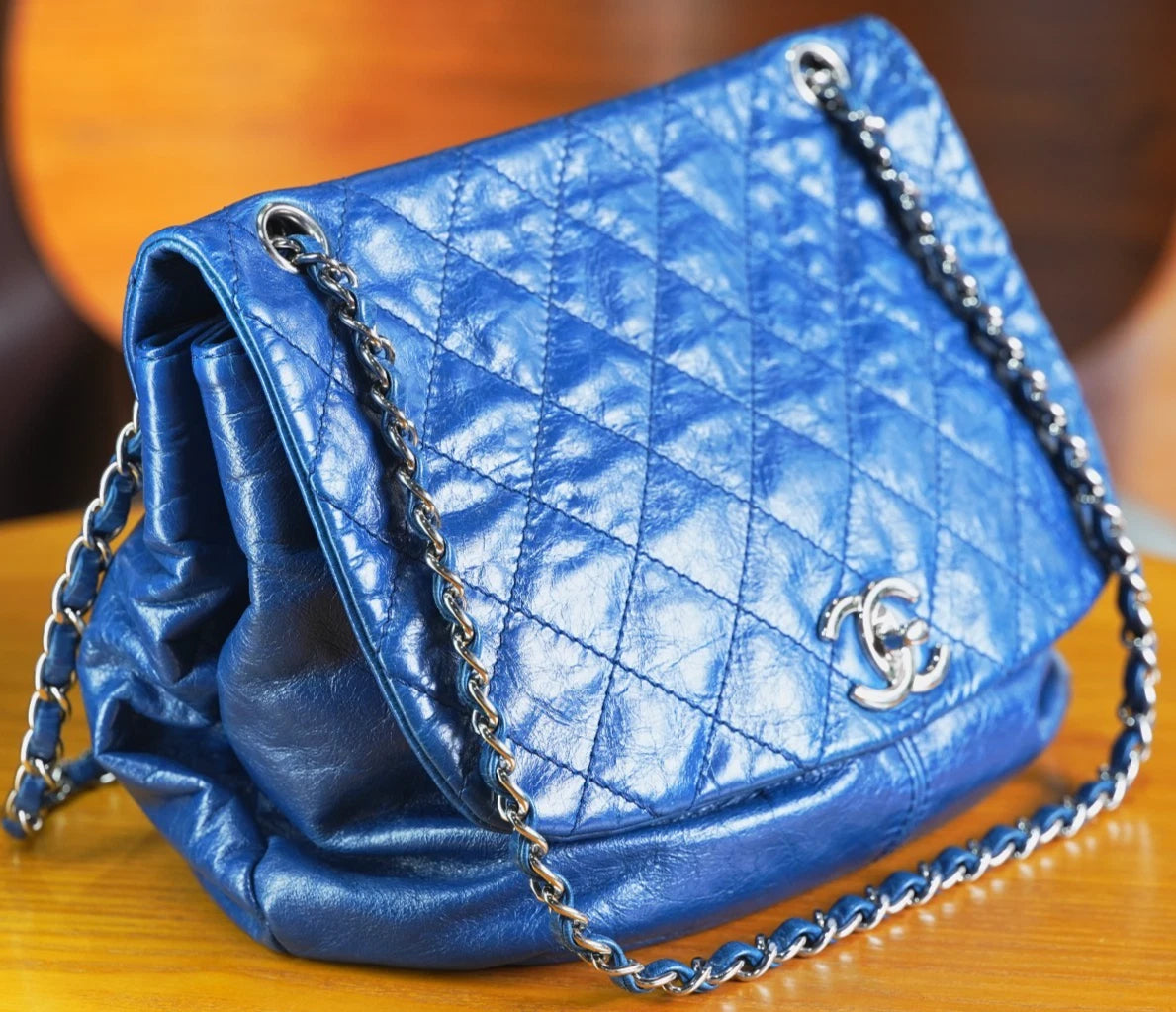 CHANEL Oil wax leather Sapphire blue Hobo Shoulder Bag Crossboy