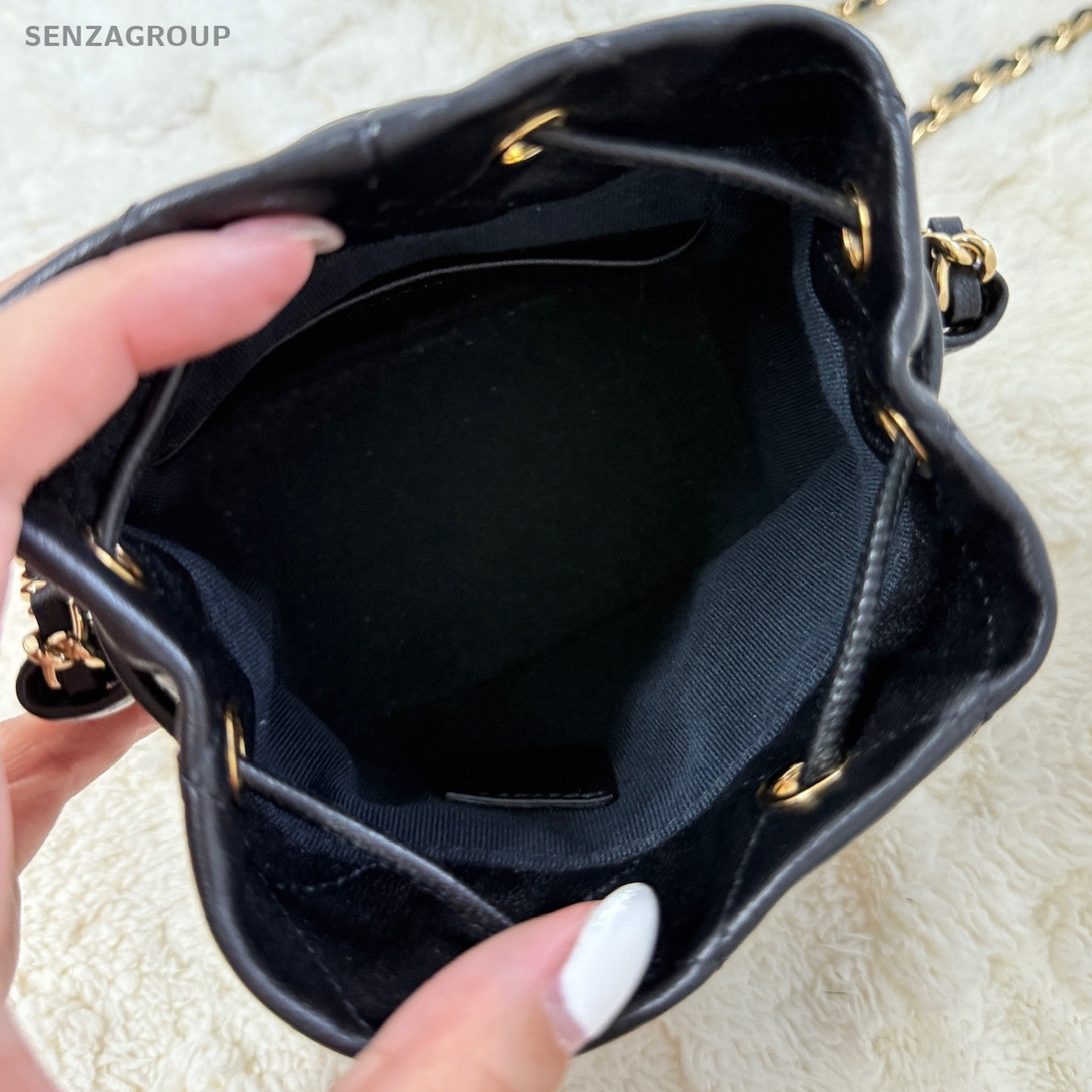 Chanel 22S Mini Bucket Bag Black Gold Quilted Lambskin Shoulder Crossbody