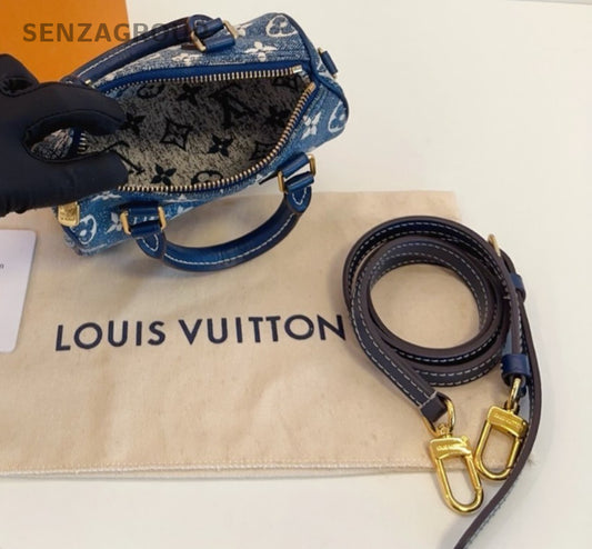 Louis Vuitton Speedy Nano Denim Top Handle Shoulder Crossbody Bag Blue Women