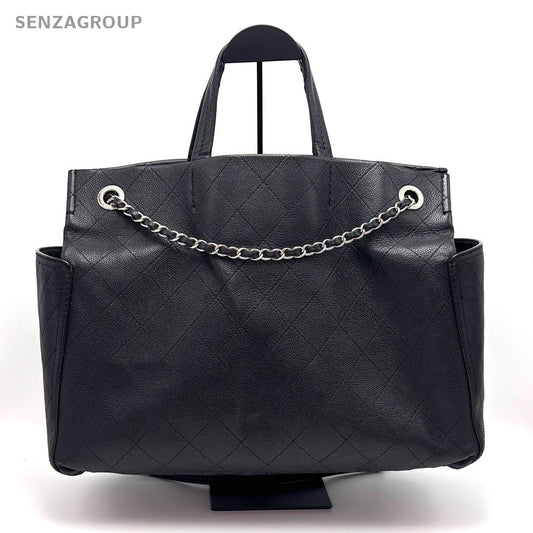 Chanel CC Logo Tote 2way Chain Shoulder Handbag Black Silver Women