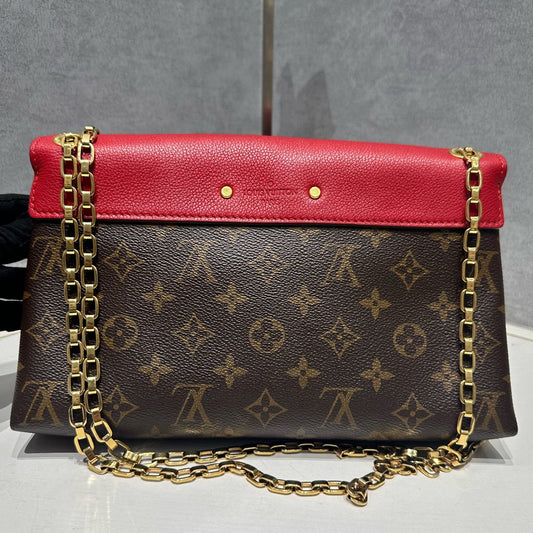 Louis Vuitton Pallas Chain Shoulder Bag Monogram Brown Red Gold Clasp