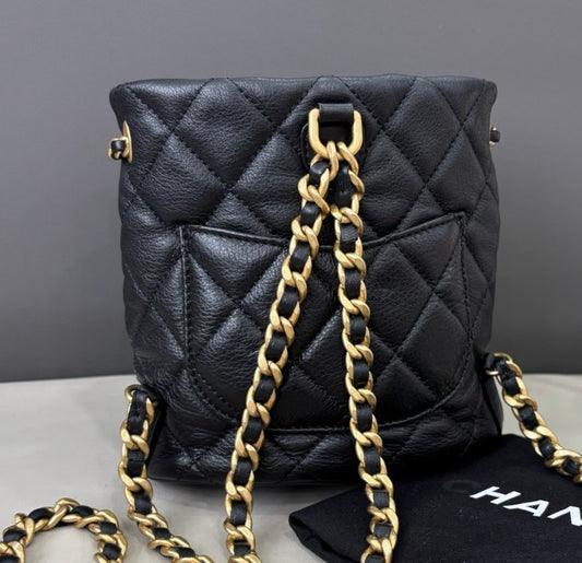 Chanel Calfskin Chain Backpack Black Gold Women Diamond Classic Fashion