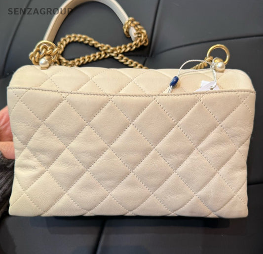 Chanel Diamond Calfskin Chain Shoulder Bag White Gold Used Women Classic Fashion