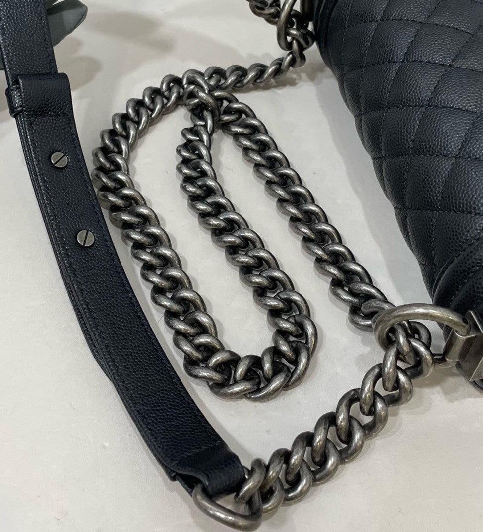 Chanel Leboy PM Calfskin Chain Shoulder Bag Black Silver Women Diamond Classic