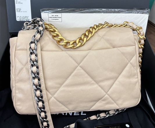 Chanel 19Bag PM Chain Shoulder Bag Crossbody Beige Gold Women Classic Fashion
