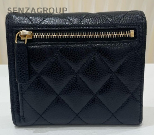 Chanel Diamond PM Calfskin Wallet Black Gold Used Women Classic