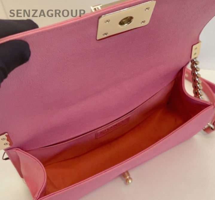 Chanel Leboy MM Calfskin Chain Shoulder Bag Pink Gold Classic Women Diamond