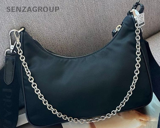 Prada Hobo Chain Shoulder Bag Crossbody Black Silver Used Women Classic