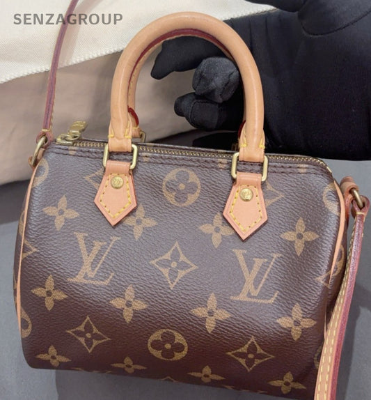 Louis Vuitton Speedy Nano Monogram Top Handle Bag Crossbody Brown Gold Women