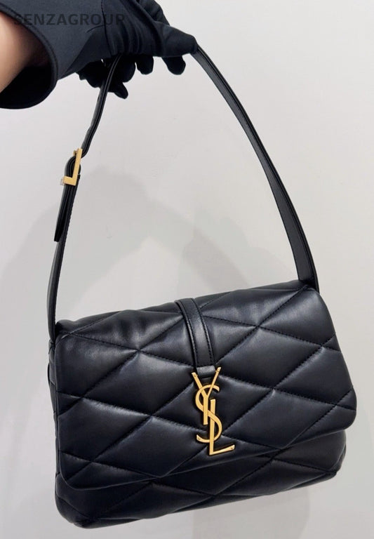 YSL Saint Laurent LE57 Hobo Lambskin Shoulder Handbag Black Gold Women