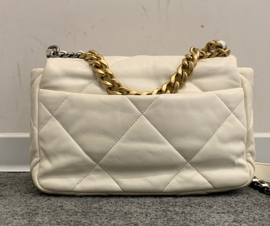 Chanel 19Bag PM Chain Top Handle Shoulder Crossbody White Gold Women Classic