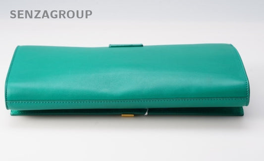 Saint Laurent Calfskin Clutch Green Gold Used Women Classic Designer