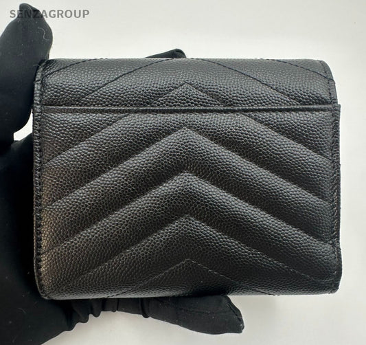 Saint Laurent Cassandre PM Calfskin Wallet Black Gold Used Women Classic