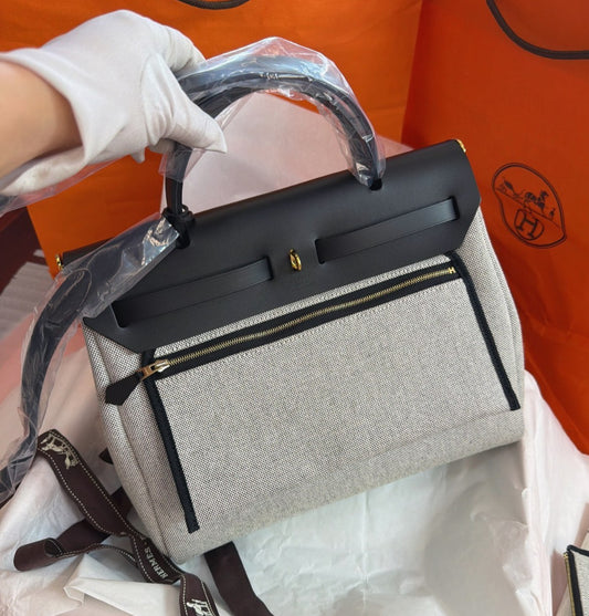 Hermes Herbag31 Top Handle Shoulder Crossbody Gray Black Gold Women Classic