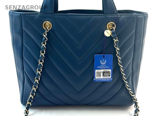 Chanel 17B Calfskin Tote Handbag Chain Shoulder Bag Blue Gold Women Classic