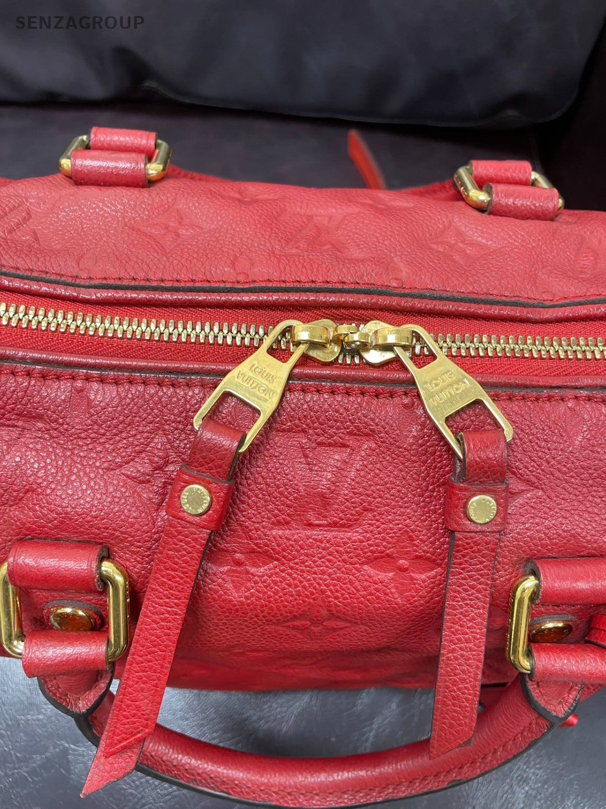 Louis Vuitton Monogram Tote Top Handle Bag Crossbody Red Gold Women Classic