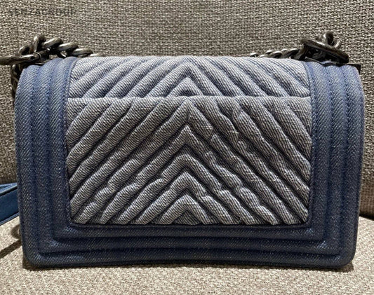 Chanel Leboy Chain Shoulder Bag Blue Silver Women Classic Fashion
