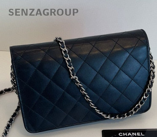 Chanel Cambon WOC Chain Shoulder Bag Crossbody Black Silver Diamond Women