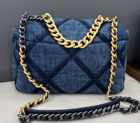 Chanel 19Bag MM Denim Chain Shoulder Bag Crossbody Blue Gold Women Classic