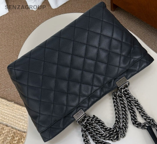 Chanel Calfskin Tote Chain Shoulder Bag Black Silver Used Women Classic