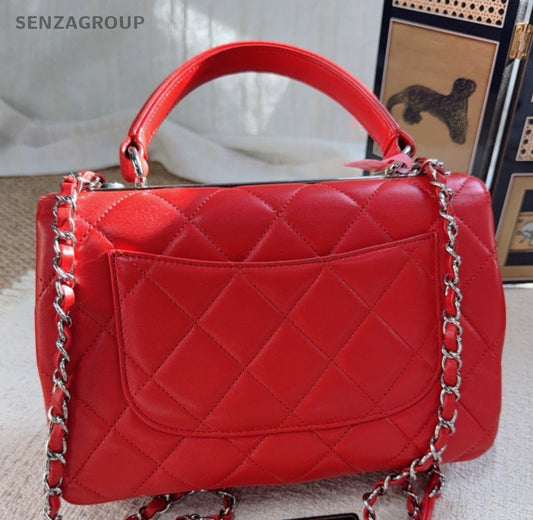 Chanel Trendy CC Chain Shoulder Bag Top Handle Bag Red Silver Women Classic