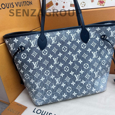 Louis Vuitton Neverfull Monogram Denim Grey Tote Bag Women Classic