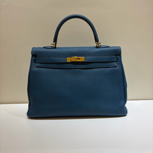 Hermes Kelly35 Top Handle Shoulder Bag Crossbody Blue Gold Women Classic Fashion