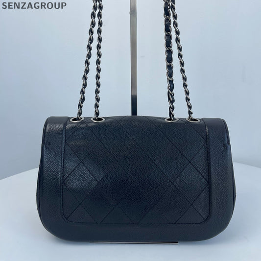 Chanel Calfskin Chain Shoulder Bag Crossbody Black Silver Women Classic