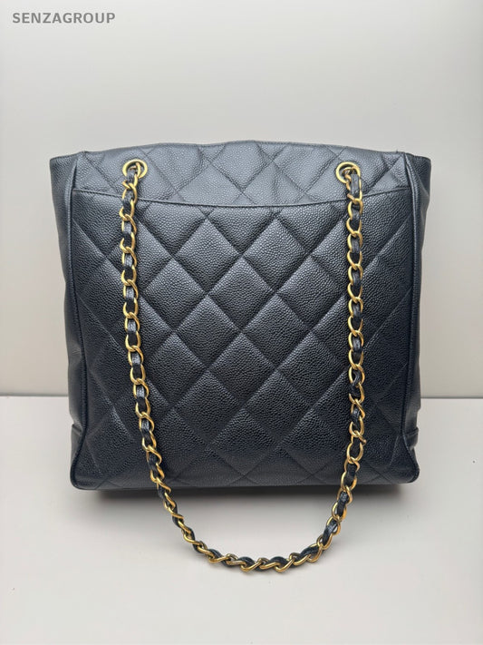 CHANEL Vintage Tote Diamond Pattern Chain Shoulder bag Black Gold Women