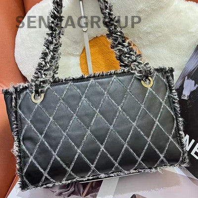 Chanel Black Tweed Tote Shoulder Bag Quilted Gold Button Women