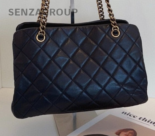 Chanel Calfskin Chain Tote Shoulder Bag Black Gold Women Classic Vintage