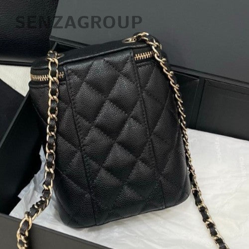 Chanel Calfskin Mini Chain Shoulder Bag Crossbody Diamond Black Gold Women