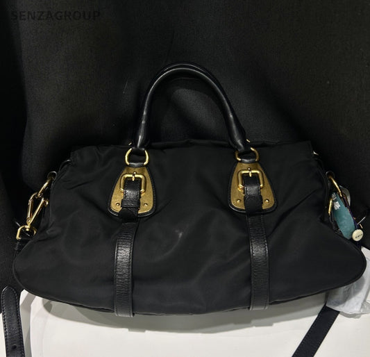 Prada Nylon 2Way Top Handle Bag Crossbody Black Gold Women Classic