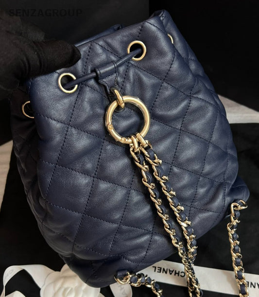 Chanel 23B Calfskin Chain Backpack Blue Gold Diamond Used Women Classic Fashion