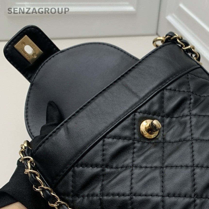 Chanel Lambskin Chain Shoulder Bag Crossbody Black Gold Diamond Women Classic