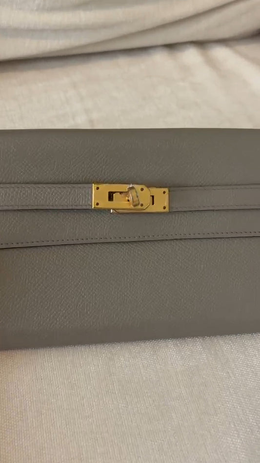 Hermes Kelly Long Wallet Epsom Leather Gray Gold Women