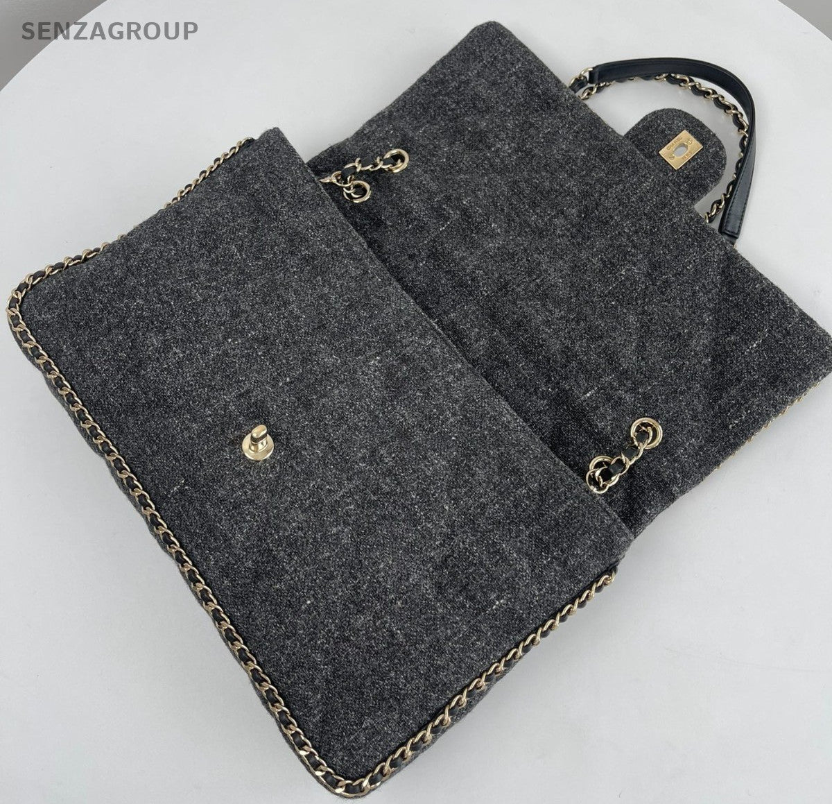 Chanel Tweed Trim Classic Flap Chain GM Shoulder Bag Gray Gold Used Women