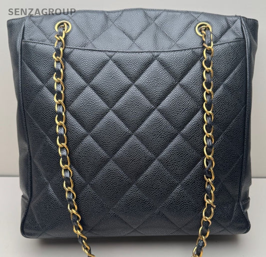 Chanel Vintage Music Score Litchi Peel Shoulder Crossbody Tote Black Women