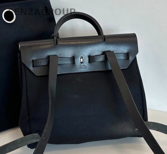 Hermes Herbag Canvas Backpack Black Silver Used Women Classic Vintage