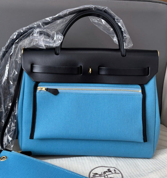 Hermes Herbag31 Top Handle Shoulder Bag Crossbody Blue Black Gold Women Classic