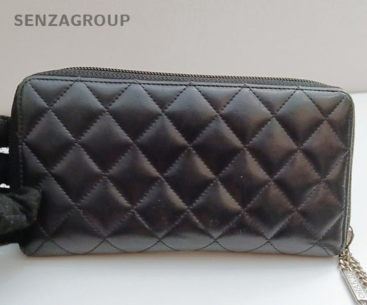 Chanel Diamond Zipping Wallet Clutch Black Silver Women Classic