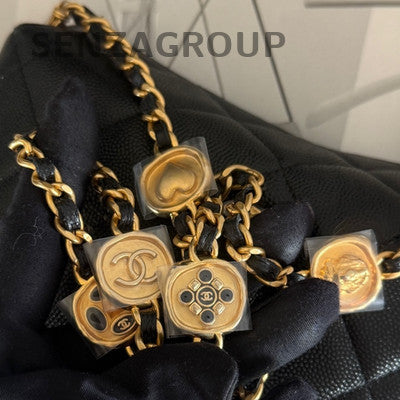 Chanel Quilted Black Gold Charm Chain Shoulder Crossbody Bag