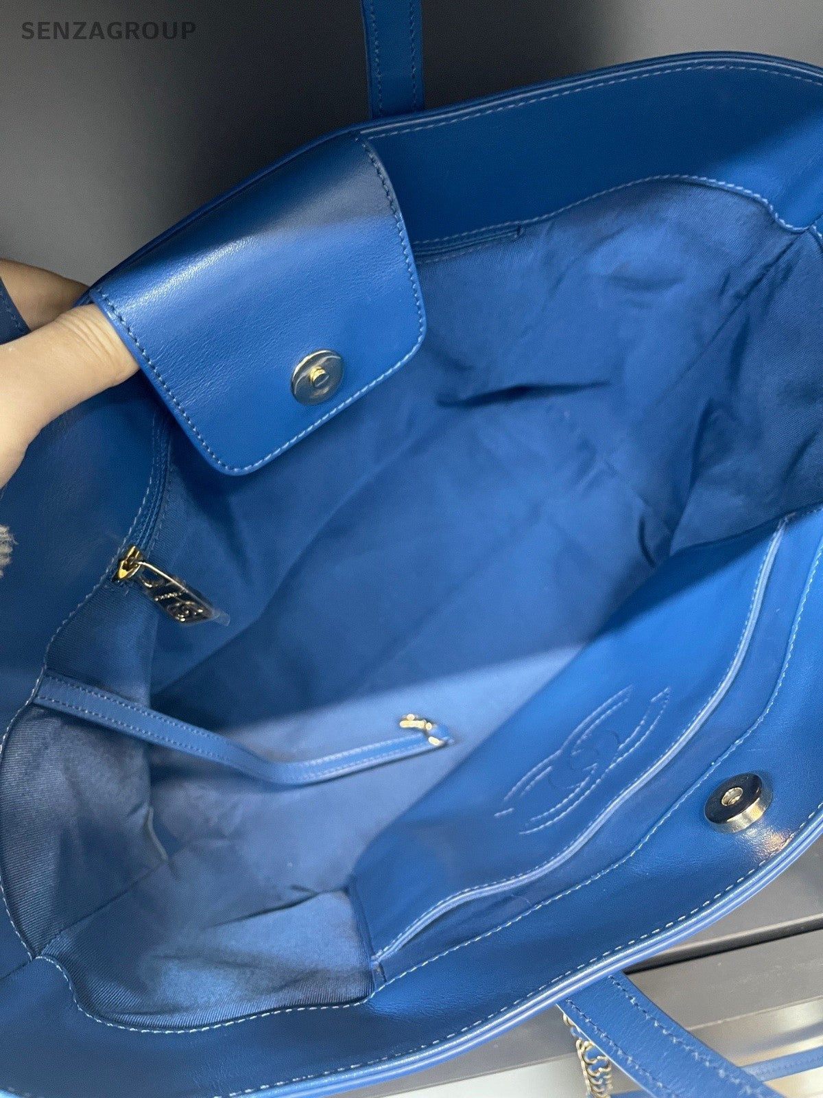 Chanel Calfskin Tote Chain Shoulder Bag Blue Silver Used Women Classic
